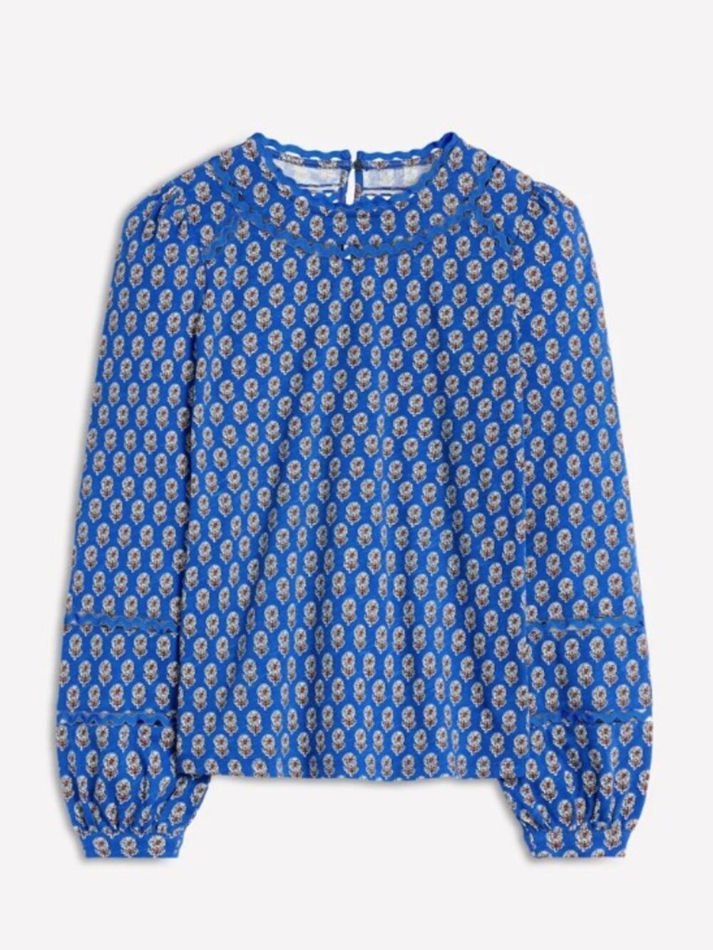 Boden Women's Blue Cotton Floral Border Detail Blouse